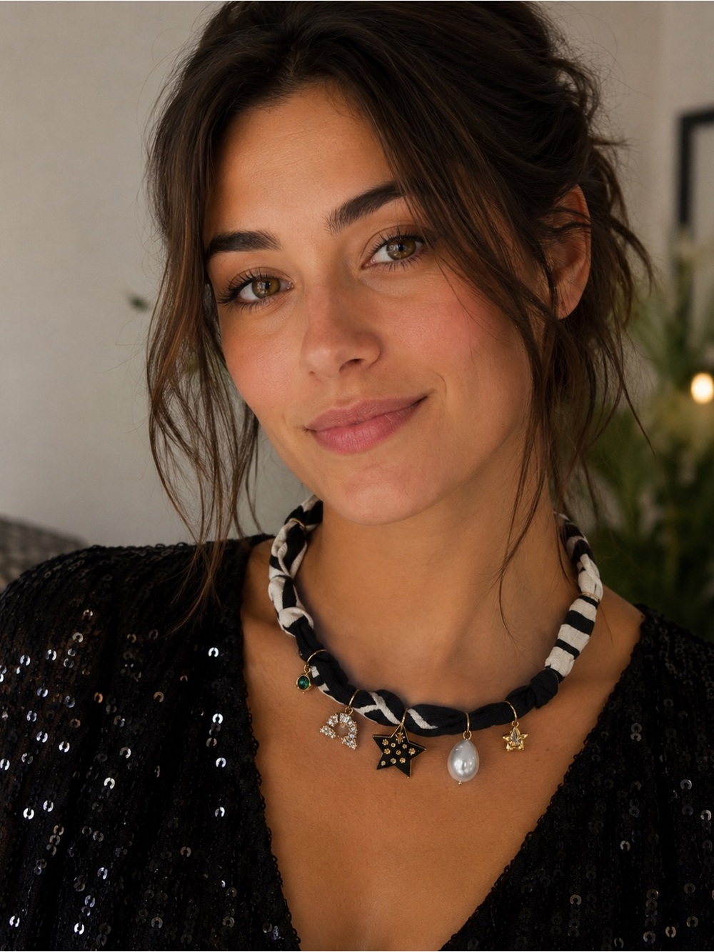 MAYAMAR Navy Stripe Charm Necklace with Gold Stars and Pearl